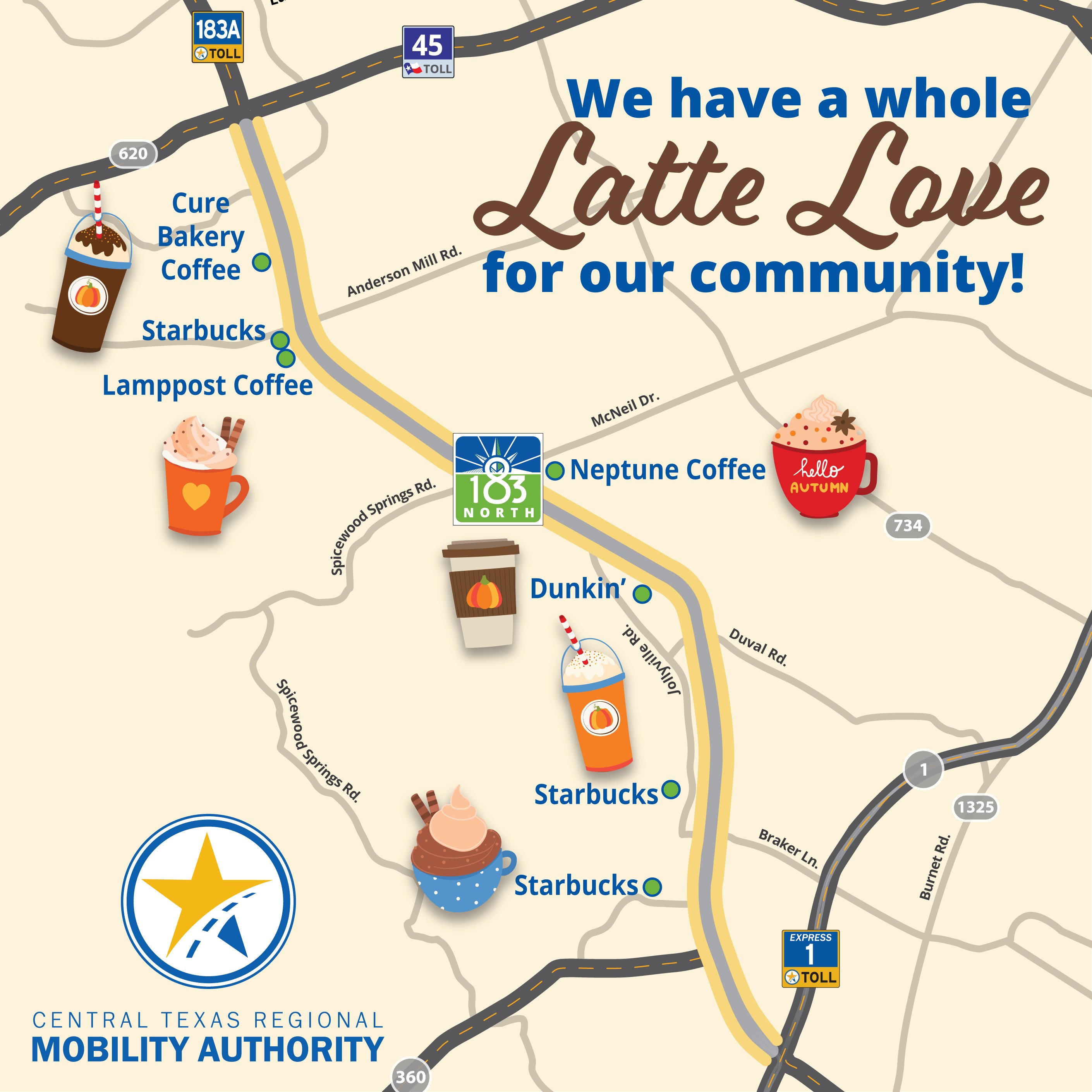 A map with locations along the 183 North Mobility Project corridor and says, “We have a whole latte love for our community!” Locations: Cure Bakery & Coffee, Starbucks, Lamppost Coffee, Neptune Coffee, Dunkin’ Donuts and two Starbucks locations.
